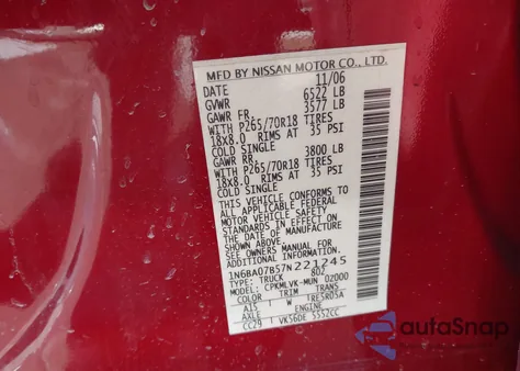 2007 Nissan Titan Le z USA, uszkodzony, nr VIN 1N6BA07B57N221245